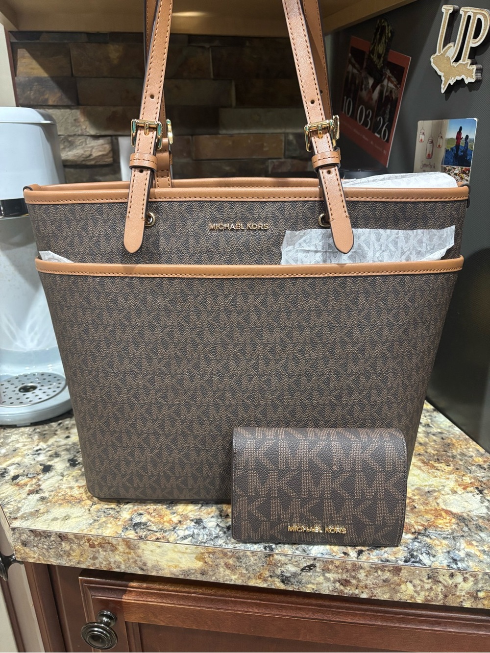 Michael Kors set Leather Purse and Bifold Card Wallet with MK Monogram